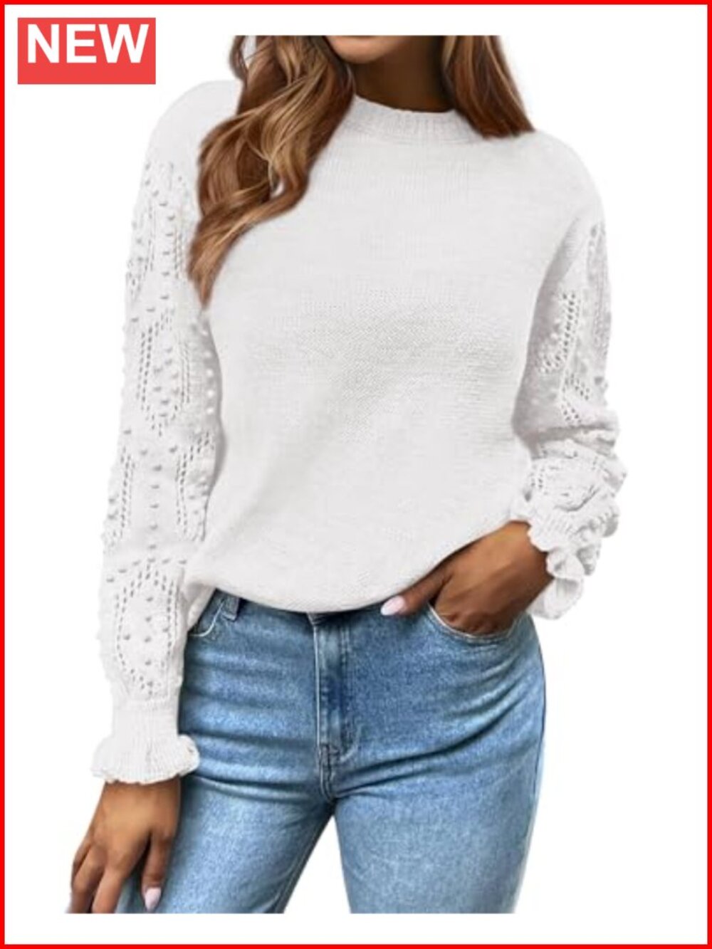 Women's Hollow Out Ruffle Crewneck Pullover Sweater Long Sleeve Casual